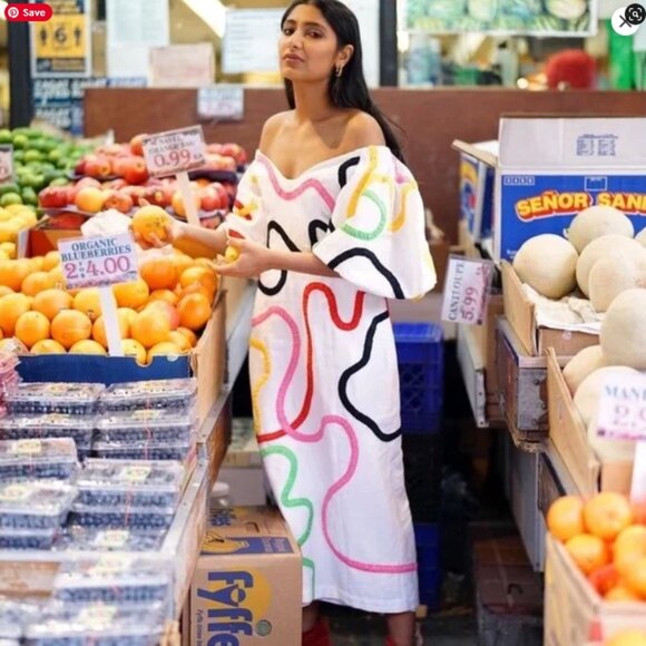 Mara Hoffman Namari Puff Sleeve Printed Linen Off the Shoulder Midi Dress Size 6 - Picture 3 of 12